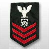 US Navy Petty Officer First Class Rating Badge - E6: MA - Master at Arms - Male - Red on Blue Polywool