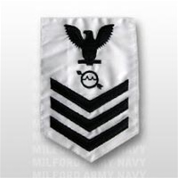US Navy Petty Officer First Class Rating Badge - E6: OS - Operations Specialist - Male - Blue on White Poplin