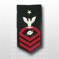 US Navy Senior Chief Petty Officer Rating Badge with Specialty - E8: BT - Boilerman - Male - Seaworthy - Red on Blue