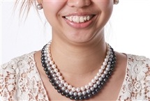 Triple Necklace - 3 Strand White Silver Black 9 mm