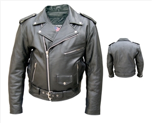 Men's M.C. jacket with full sleeve zipout liner and full removable belt. Naked Leather