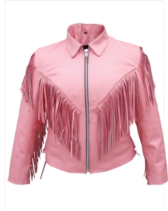 Ladies Pink jacket with fringe, braid, side lace, & zip-out lining Analine Cowhide