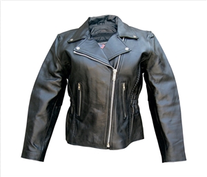 Ladies M.C. jacket with Vertical braided front & back. Studded back with silver hardware (Cowhide)