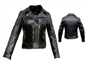 Ladies Vented jacket with braid trim, pockets & full sleeve zipout liner. Antique Brass Hardware Naked Leather