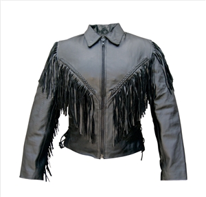 Ladies jacket with fringe, braid, side lace, & zipout liner Analine Cowhide