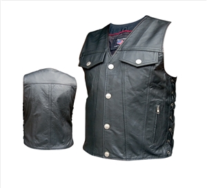 Men's Leather Vest in Denim style with Buffalo Snaps. Analine Cowhide with side laces.
