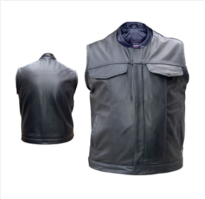 Men's Leather Vest in Denim style with Gun pockets & Gun Holster Single panel back (Buffalo)