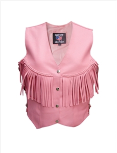 Ladies Pink vest with fringe, braid, & conchos on the side laces Analine Cowhide