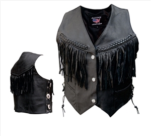 Ladies vest with fringe, braid, & side laces. Naked Leather