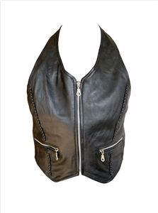 Ladies Halter top with braid & silver zipper front & two zippered pockets (Lambskin)