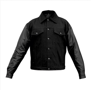 Men's Black 14 oz. Denim style varsity jacket Leather sleeves