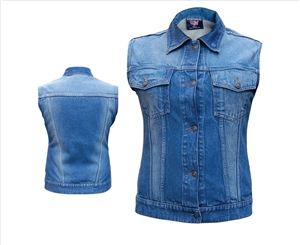 Ladies sleeveless Denim Style vest in Blue with rubbed off front and back