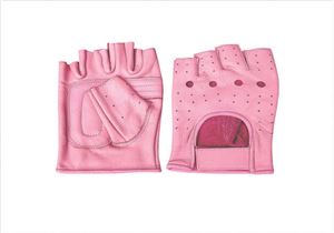 Ladies Pink All leather Fingerless glove with padded palm Velcro strap
