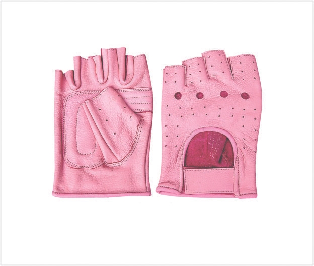 Ladies Pink All leather Fingerless glove with padded palm Velcro strap