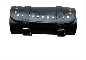 Studded Small Round Tool bag with pebble grain finish cowhide leather