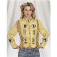 Women's Mustard Yellow Leather Jacket With Beads, Studs, Bone & Fringe