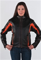 Women's Black & Orange Leather Jacket With Zippered Cuffs