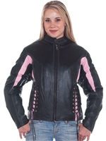 Womens Black & Pink Leather Racer Jacket With Multi Pockets