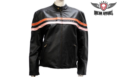 Womens Leather Jacket With Orange & Pink Racing Stripes