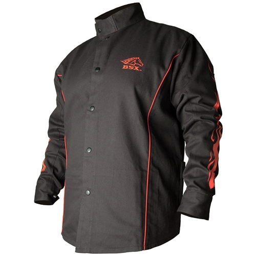 BX9C BSXÂ® Contoured FR Cotton Welding Jacket, Black with Red Flames