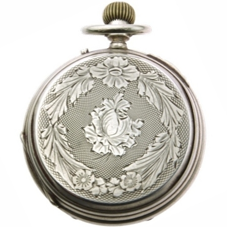Large Silver Watch Case with Guilloche and Shield.