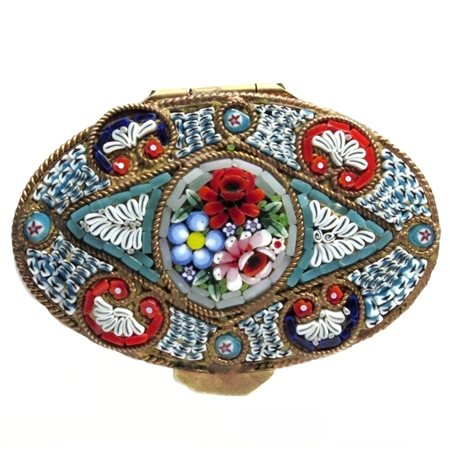 Fine Antique Italian Micro Mosaic Oval Snuff Box Festooned with Flowers and Shells