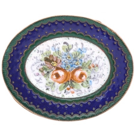 Antique French Brass Ormolu and Enamel Compact w/ hand-painted roses, cobalt and green enamel border.