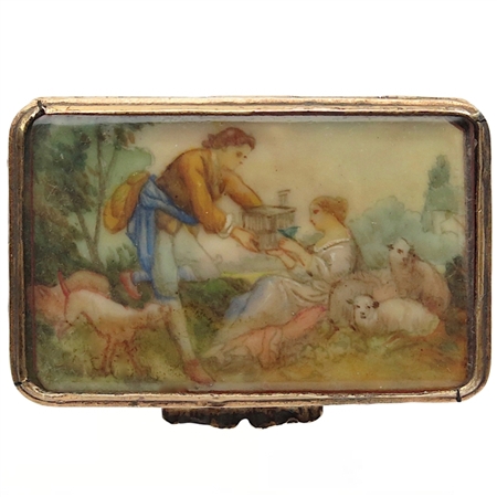 Romantic Couple with Birdcage, Finely Painted on Ivory, Decorates Victorian Italian Snuff Box