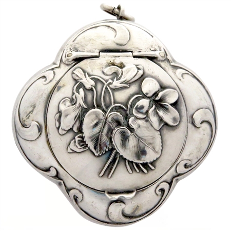 Sterling Silver Antique Quatrefoil French Patch Box with Gorgeous Embossed Violets
