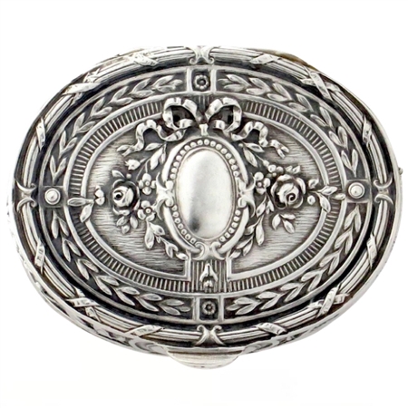 Perfect Antique Coin Silver Snuff Box with Finely-Done RepoussÃ© Ribbons, Botanicals & Garlands