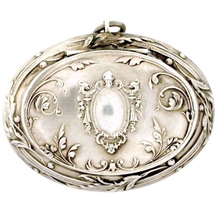 Extraordinary  Embossed  Faun, Leaves and Flowers on Oval 19th Century Sterling Silver Patch Box