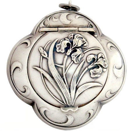 Antique Art Nouveau Silver-Plate Quatrefoil French Patch Box with Stunning Embossed Irises