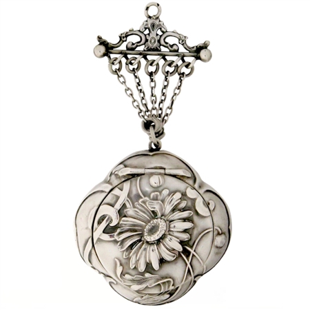 Original Chatelaine Harness on Antique French 800 Silver Quatrefoil Patch Box with Embossed Chrysanthemum