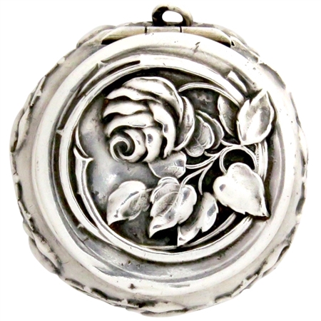 Precious Embossed Solitaire Rose and Leaves on Coin Silver 19th Century Patch Box