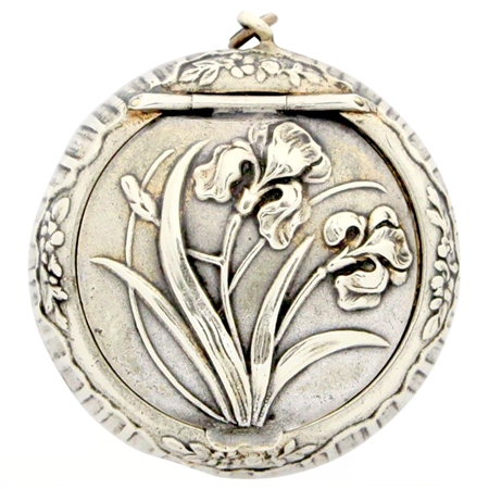 German Silver Art Nouveau Patch Box with Stunning Embossed Irises and Leaves