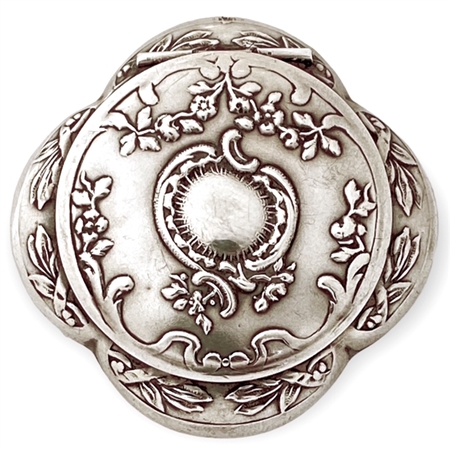 Sterling Silver Art Nouveau Quatrefoil French Patch Box with Gorgeous Embossed Flower Garlands and Leaves