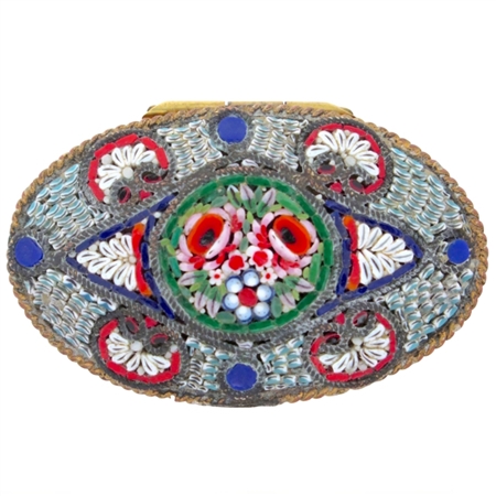 Fine Antique Italian Micro Mosaic Oval Snuff Box Festooned with Flowers and Shells