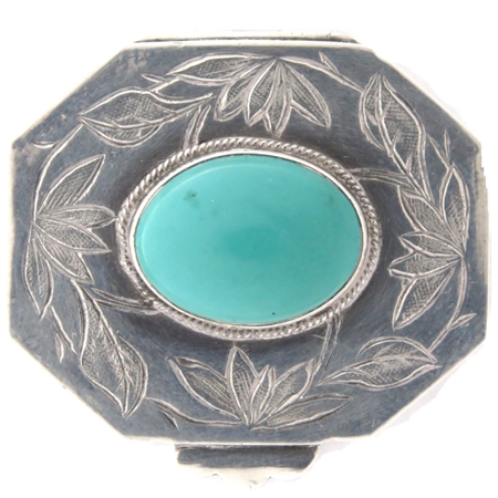 Vintage Octagonal Hand-Chased Sterling Silver Case with Oval Cabochon Turquoise