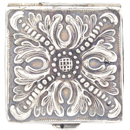 Antique Square Solid Silver Patch Box with Deep Sculpted RepoussÃ© Motif