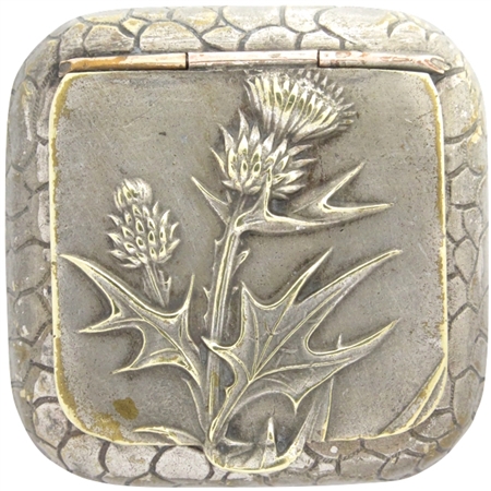 Extraordinary Thistles and Leaves Embossed on Silver Plated Patch Box circa 1900