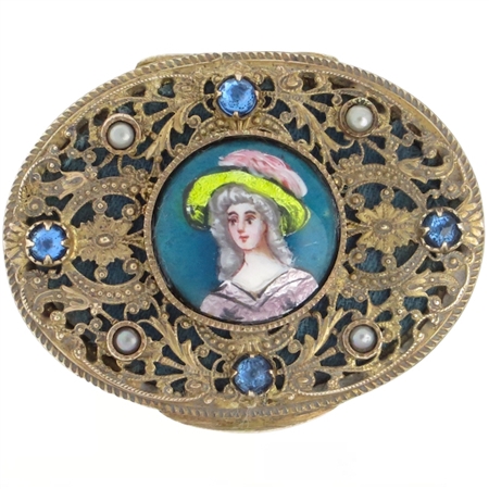 Delightful Oval 1880's French Limoges Enamel Portrait Bronze Compact