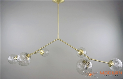 Branching Chandelier Solid Brass Fixture with Satin Finish and 6" Hand Blown Amber Vintage Crackle Glass Globes