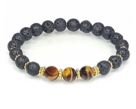 Tigers Eye Lava Stone and Gold Beaded Bracelet