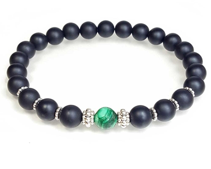 Malachite, Matte Black Onyx and Sterling Silver Beaded Bracelet