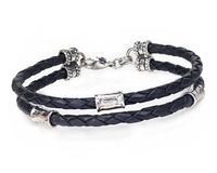 BLACK Leather 2 Strand Bracelet with 4mm Silver Beads