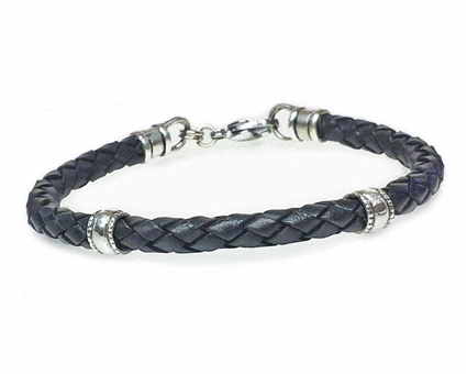 BLACK Leather Cord Bracelet with 5mm Silver Beads