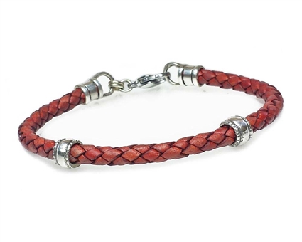 RUST Leather Cord Bracelet with 5mm Silver Beads