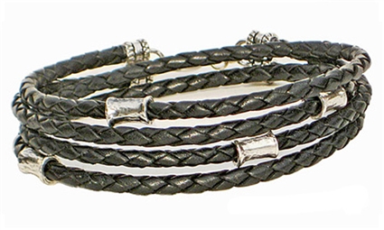 BLACK Leather Double Double Bracelet with Sterling Silver
