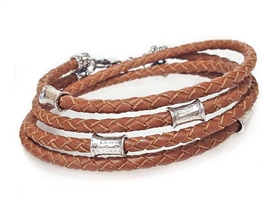 SADDLE Leather Double Double Bracelet with 4 mm Silver Beads