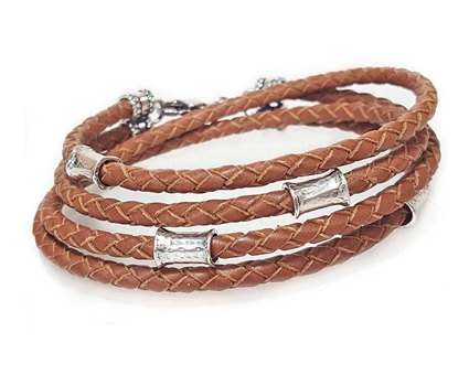 SADDLE Leather Double Double Bracelet with 4 mm Silver Beads